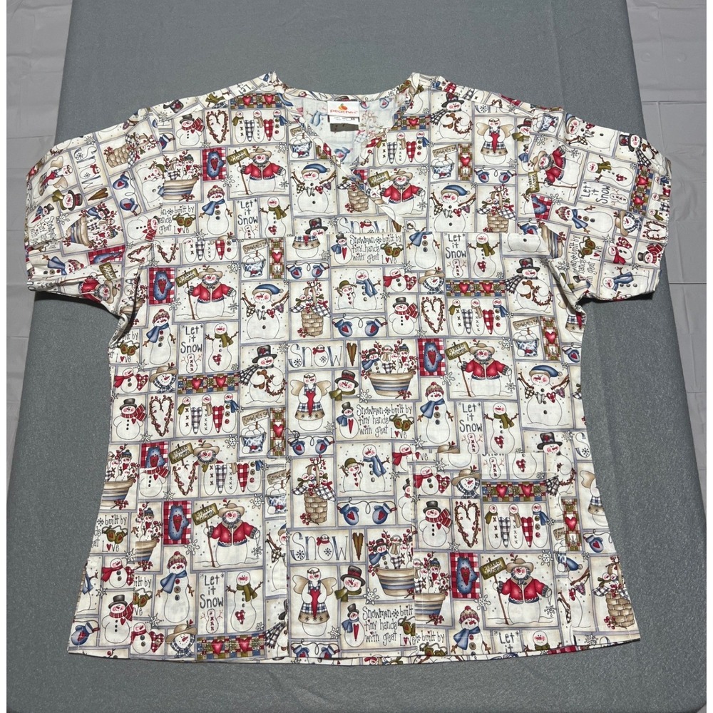 Peaches Snowman Holiday Scrub Top Small V-Neck 100% Cotton Winter Print 4693